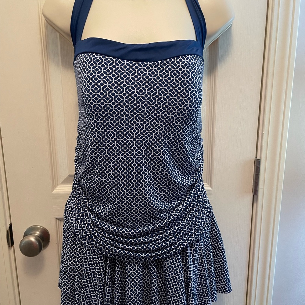 Blue Geometric Swim Dress with Ruched Waist